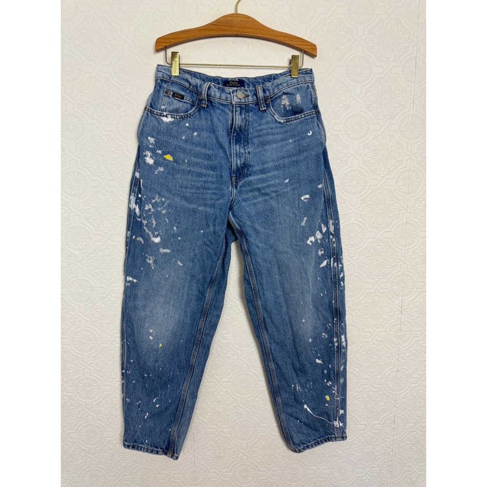 Polo Ralph Lauren Paint Splatter Curved Tapered Leg Jeans Womens Blue High Rise - Picture 2 of 10